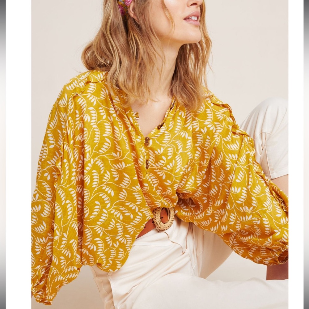 Maeve Anthropologie Letizia Ruffled Blouse Gold Medium